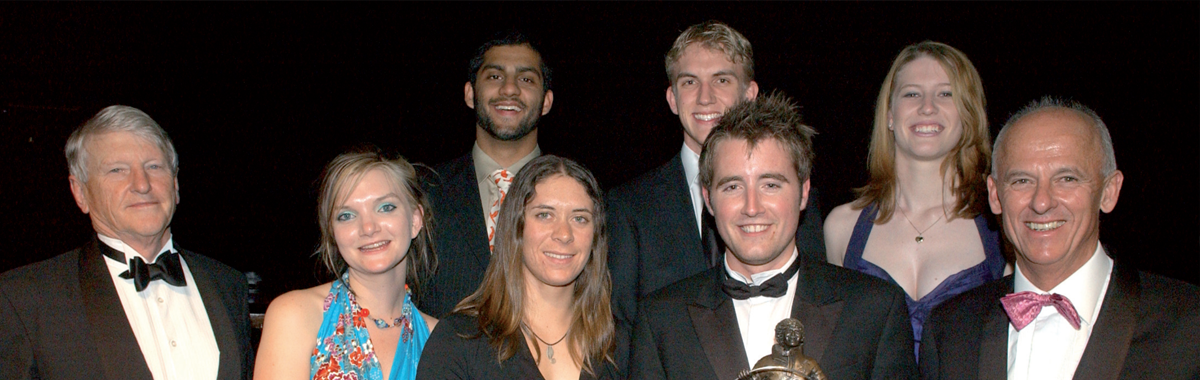 The 2007 AIMES Award winners with Patron Peter Menzies (left) and President Peter Wall (right). Winners from left are Sarah McCallum, Ananth Gopal, Jo Aleh, Daniel Playne, Matthew Flinn and Loren O’Sullivan. Absent were Hollie Smith and Tanya Cooling.