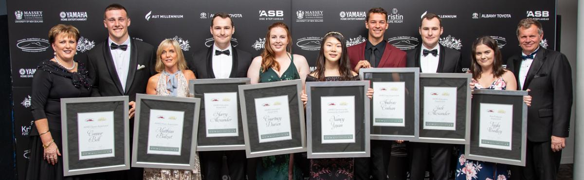 2019 AIMES Awards recipients at the Gala Dinner, with Judging Chair Sue Stanaway (Left) and President Phil Brosnan (Right), from left, Connor Bell, Matthias Balzat (represented by his Mother), Harry Alexander, Courtney Davies (Supreme Winner), Nancy Yuan, Andrew Coshan, Jack Alexander and Ross Finlayson inaugural Award Winner Tayla Woolley.